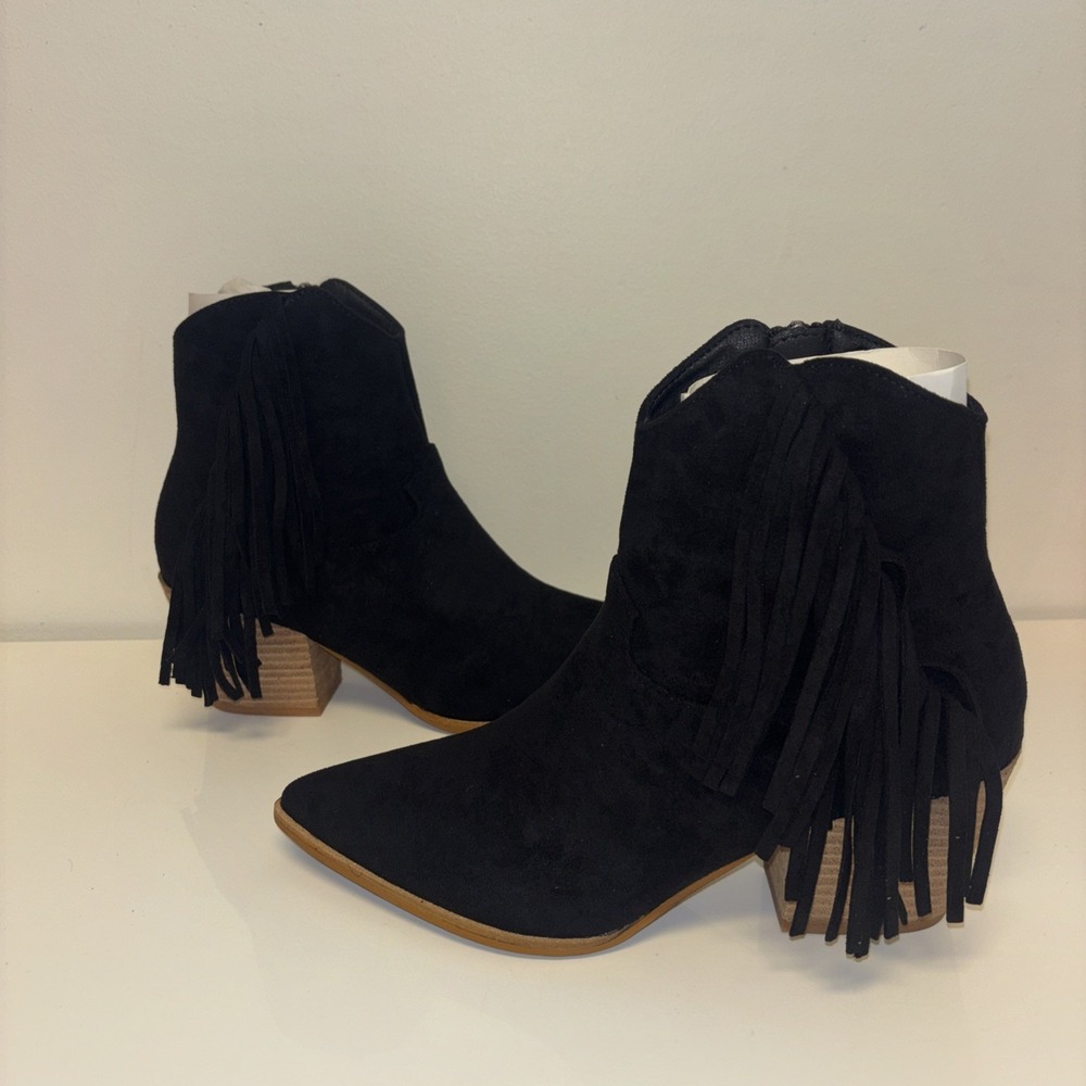 Beast Fashion Womens Black Fringe Ankle Boots Pointed Toe Block Heel Sz 8.5 NEW - Picture 4 of 9